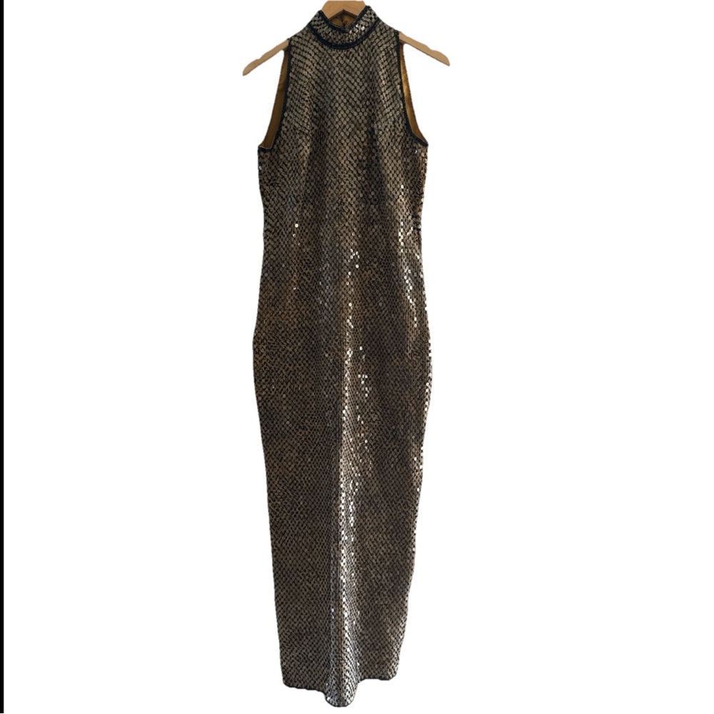 Vtg Disc Sequin Beaded Animal Print Mock Neck Maxi Formal Dress Sz 8